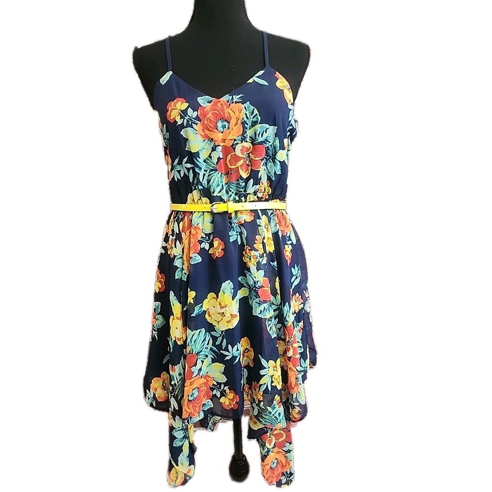 Sun Dress Midi Asymmetrical  Flowy Hi Lo Belted Floral Blue Small‎ My Michelle